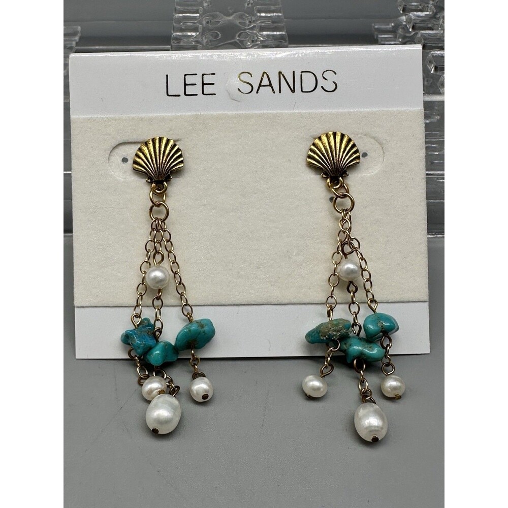 Lee Sands Turquoise & Pearl Shell Gold Tone Dangle Earrings